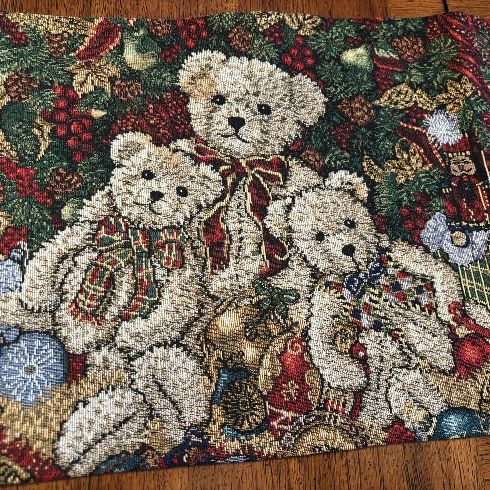 Holiday Tapestry Table Runner with Teddy Bears